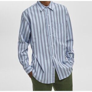 NWT Mode of One Relaxed-Fit Yarn-Dye Blue Striped Long Sleeve Shirt Men's L